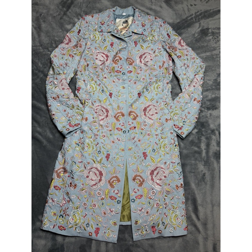 Johnny Was Biya 100% Silk Longline Floral Embroidered Coat Blue Vintage Small